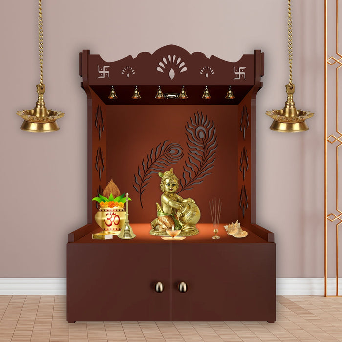 Premium Art of Mor Pankh Floor Temple with Spacious Wooden Shelf & Inbuilt Focus Light- Brown Finish