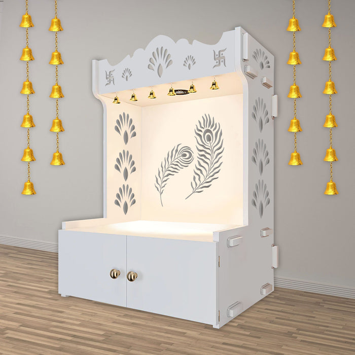 Premium Art of Mor Pankh Floor Temple with Spacious Wooden Shelf & Inbuilt Focus Light- White Finish