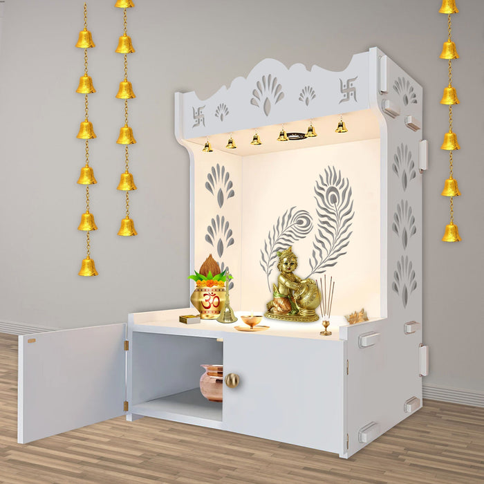 Premium Art of Mor Pankh Floor Temple with Spacious Wooden Shelf & Inbuilt Focus Light- White Finish