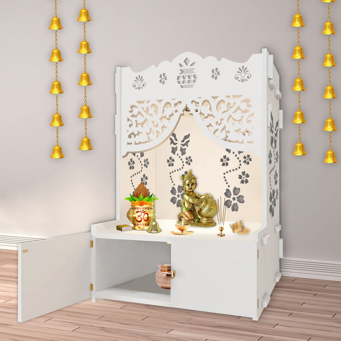 Beautiful Flower Design Pattern Floor Temple with Spacious Wooden Shelf & Inbuilt Focus Light- White Finish