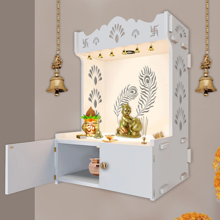 Premium Art of Mor Pankh White Wooden Temple for Home with Inbuilt Focus Light & Spacious Shelf