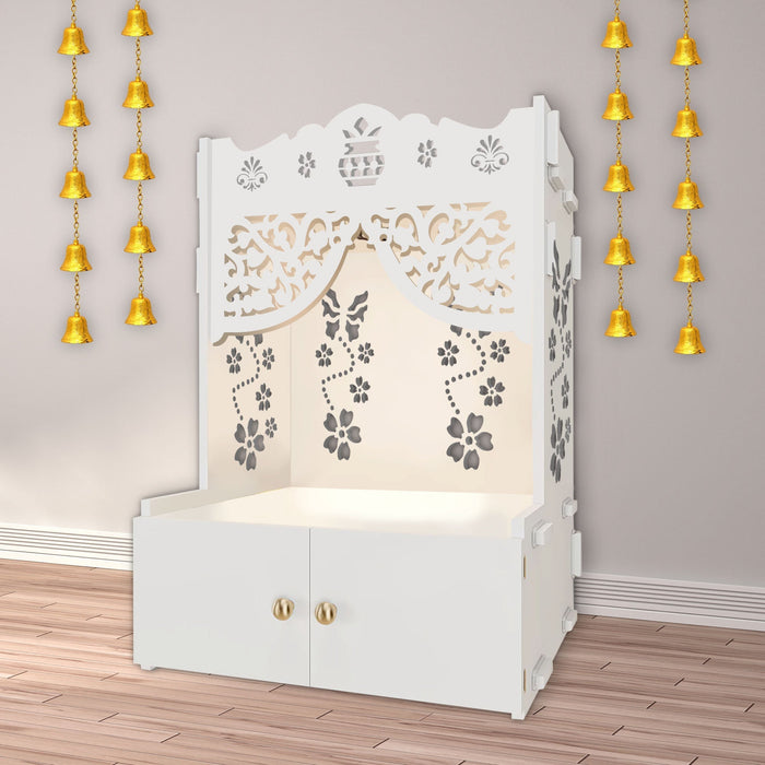 Beautiful Flower Design Pattern Floor Temple with Spacious Wooden Shelf & Inbuilt Focus Light- White Finish