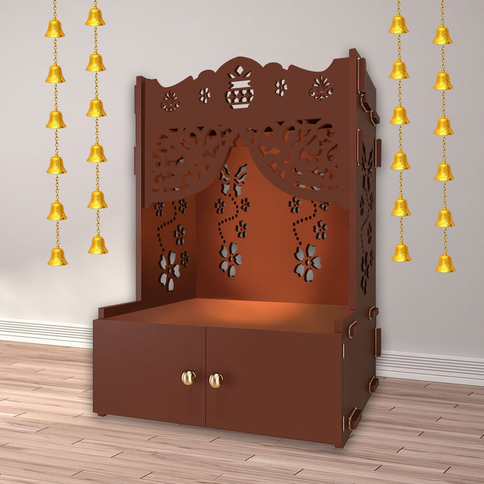 Beautiful Flower Design Pattern Floor Temple with Spacious Wooden Shelf & Inbuilt Focus Light- Brown Finish