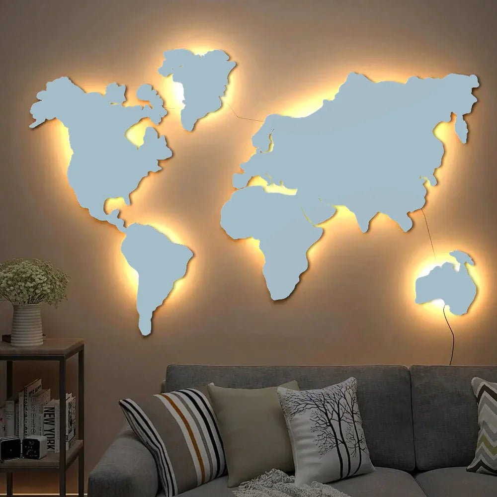 World Map Backlit Wood Wall Décor / Night Light, Walnut Finish - All India Decor