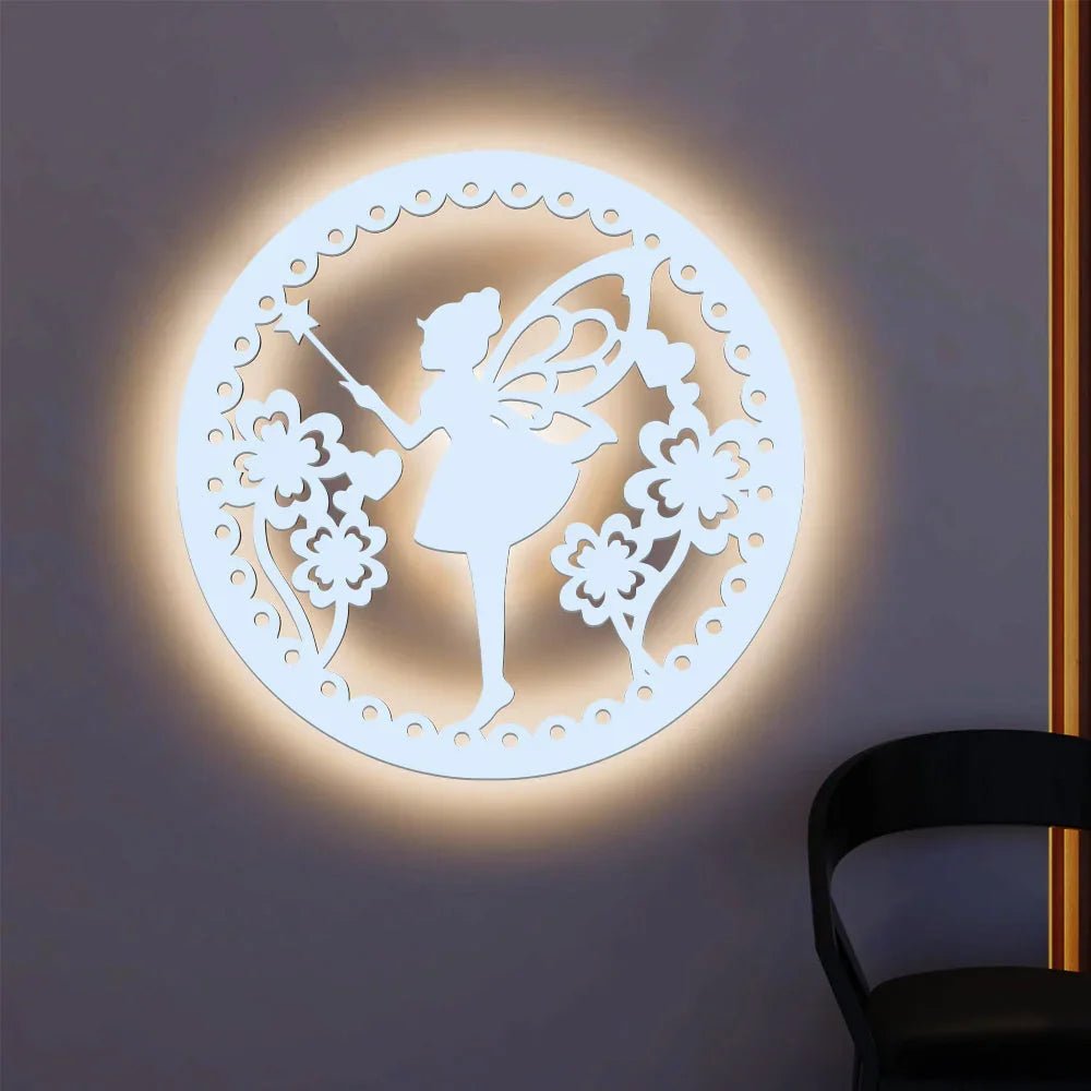 Fairy Butterfly Angel Backlit Wooden Wall Hanging with LED Night Light Walnut Finish - All India Decor