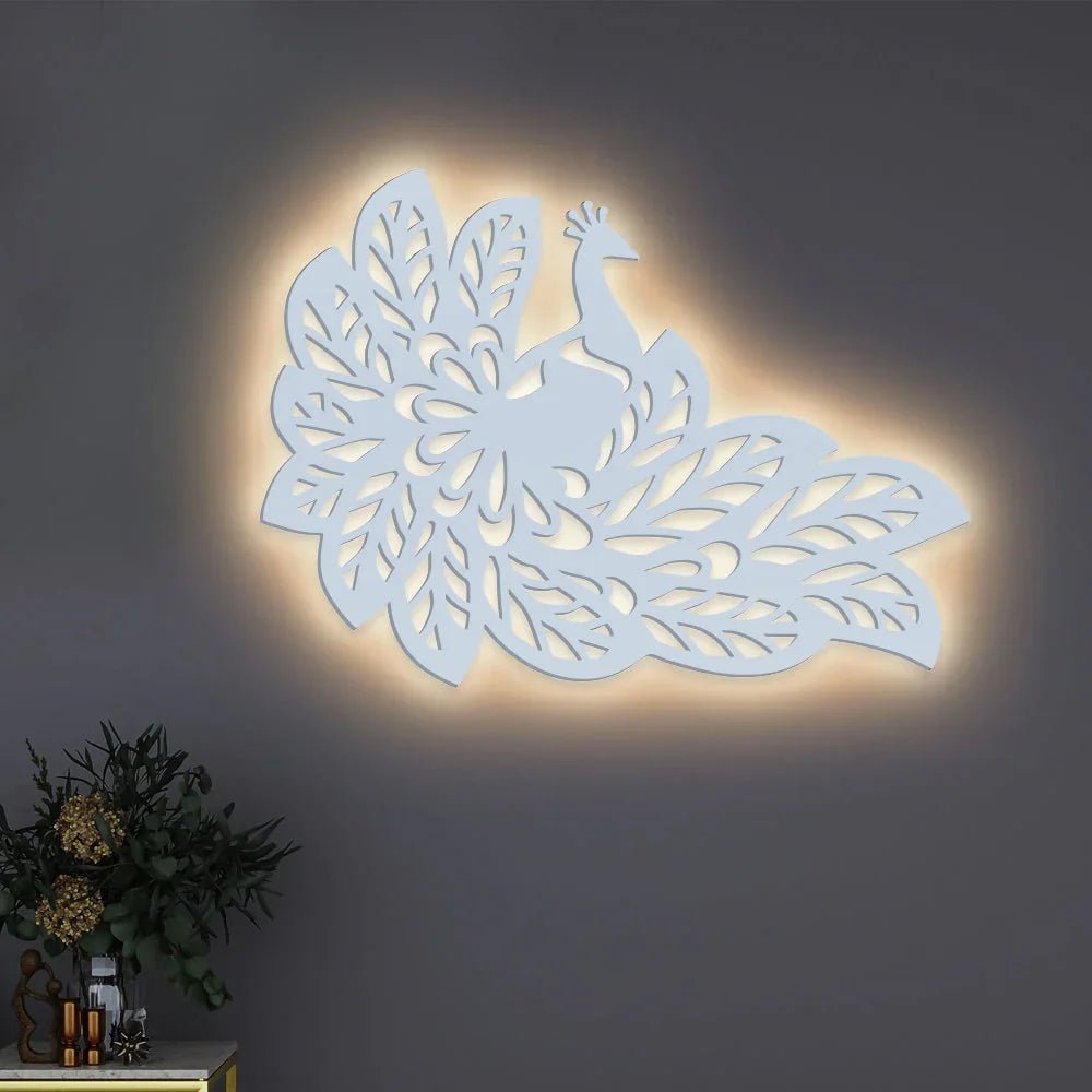 Beautiful Peacock Wings Designer Art Backlit Wooden Wall Decor with LED Night Light Walnut Finish - All India Decor