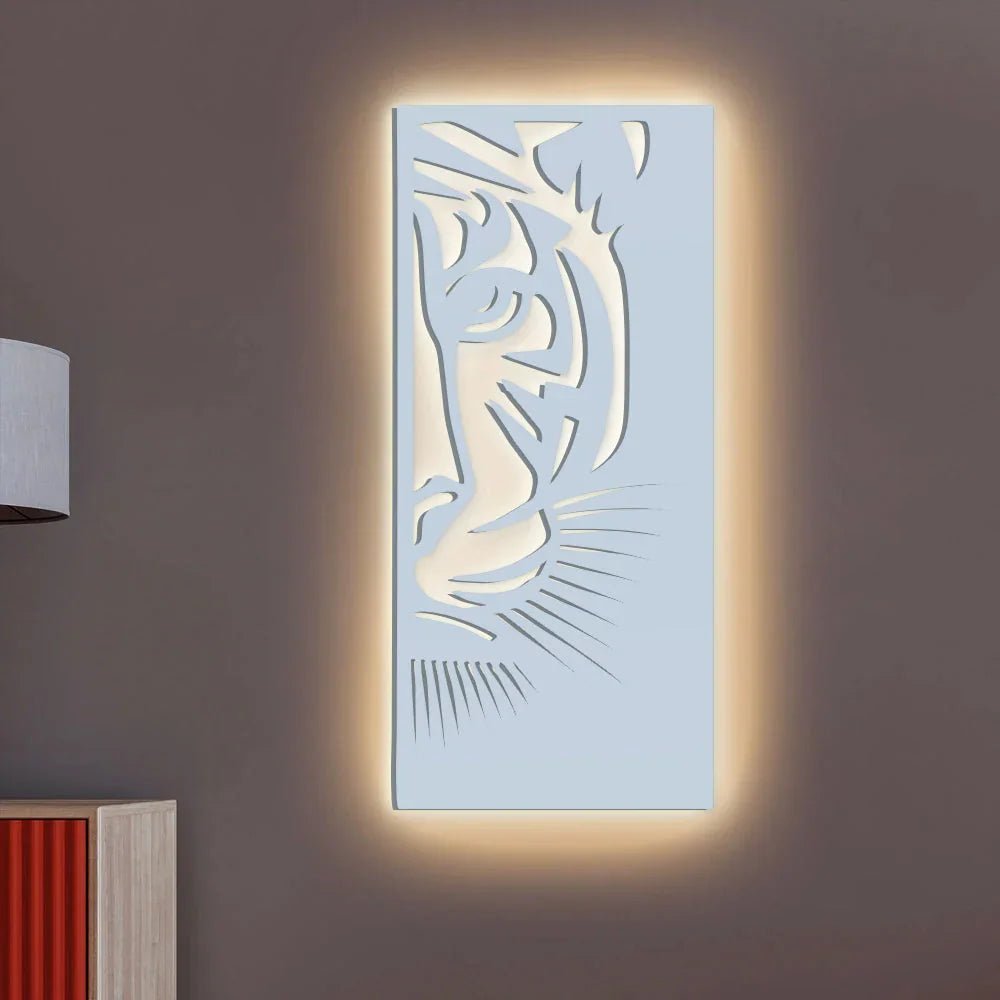 Tiger Face Art Backlit Wooden Wall Decor with LED Night Light Walnut Finish - All India Decor