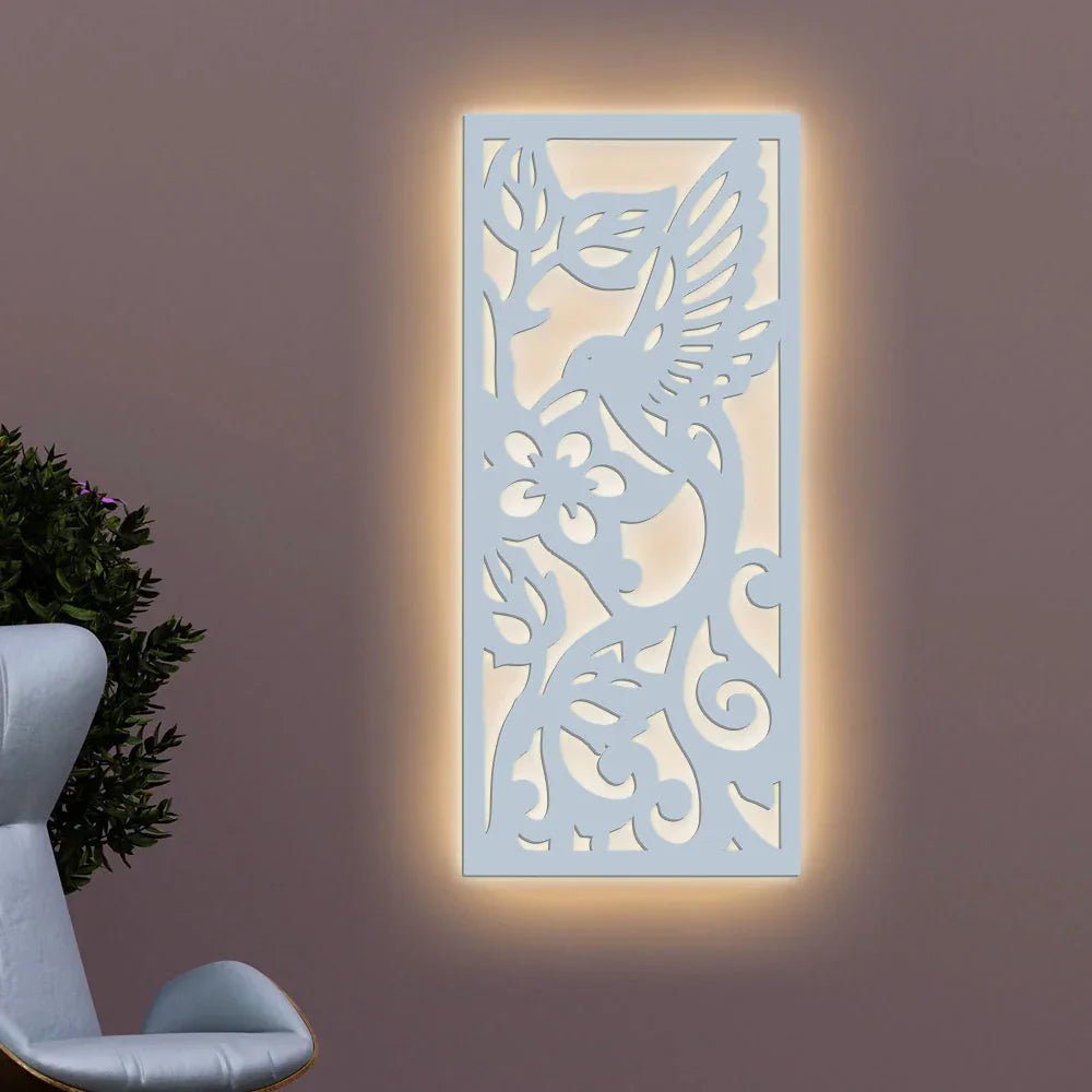 Beautiful Bird with Flower Backlit Wooden Wall Hanging with LED Night Light Walnut Finish - All India Decor