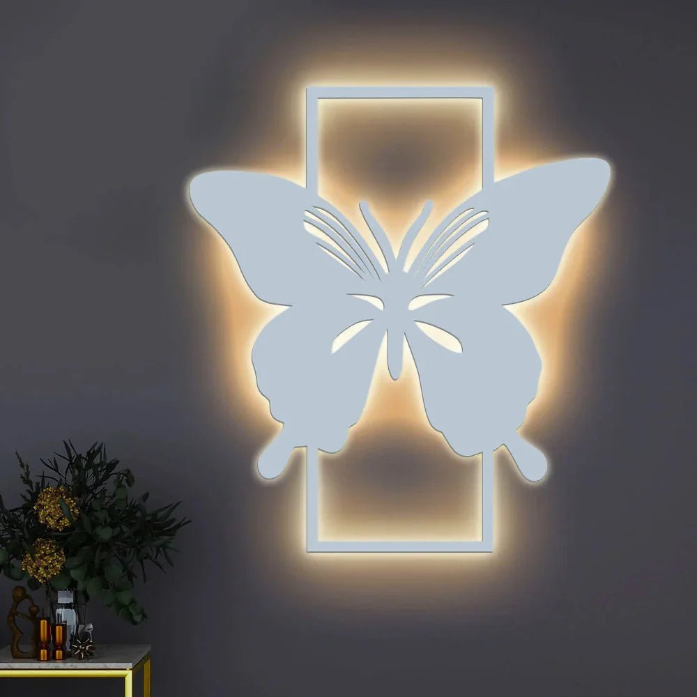 Modern Butterfly Art Backlit Wooden Wall Decor with LED Night Light Walnut Finish - All India Decor