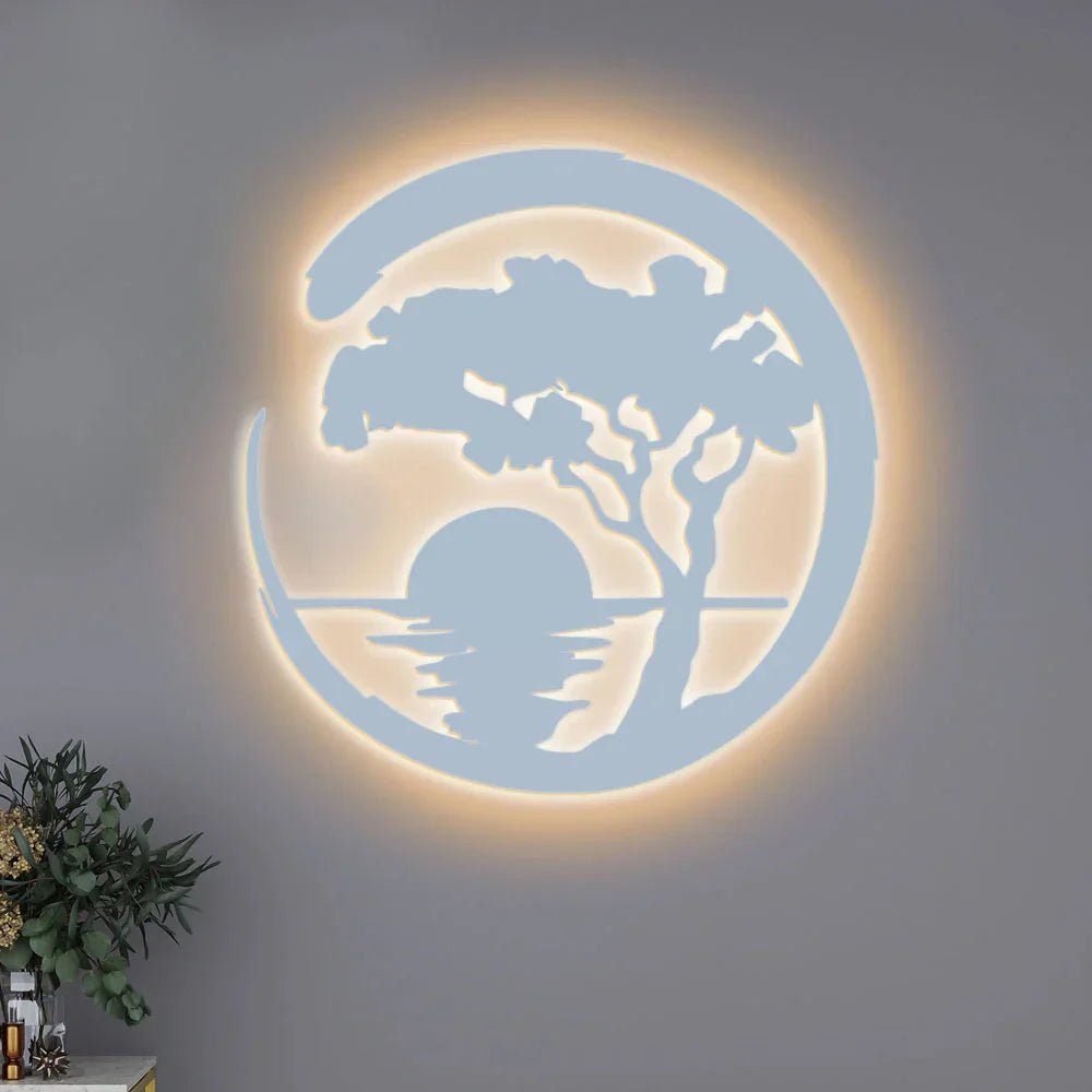 Beautiful Sunset Scenery Backlit Wooden Wall Decor with LED Night Light Walnut Finish - All India Decor