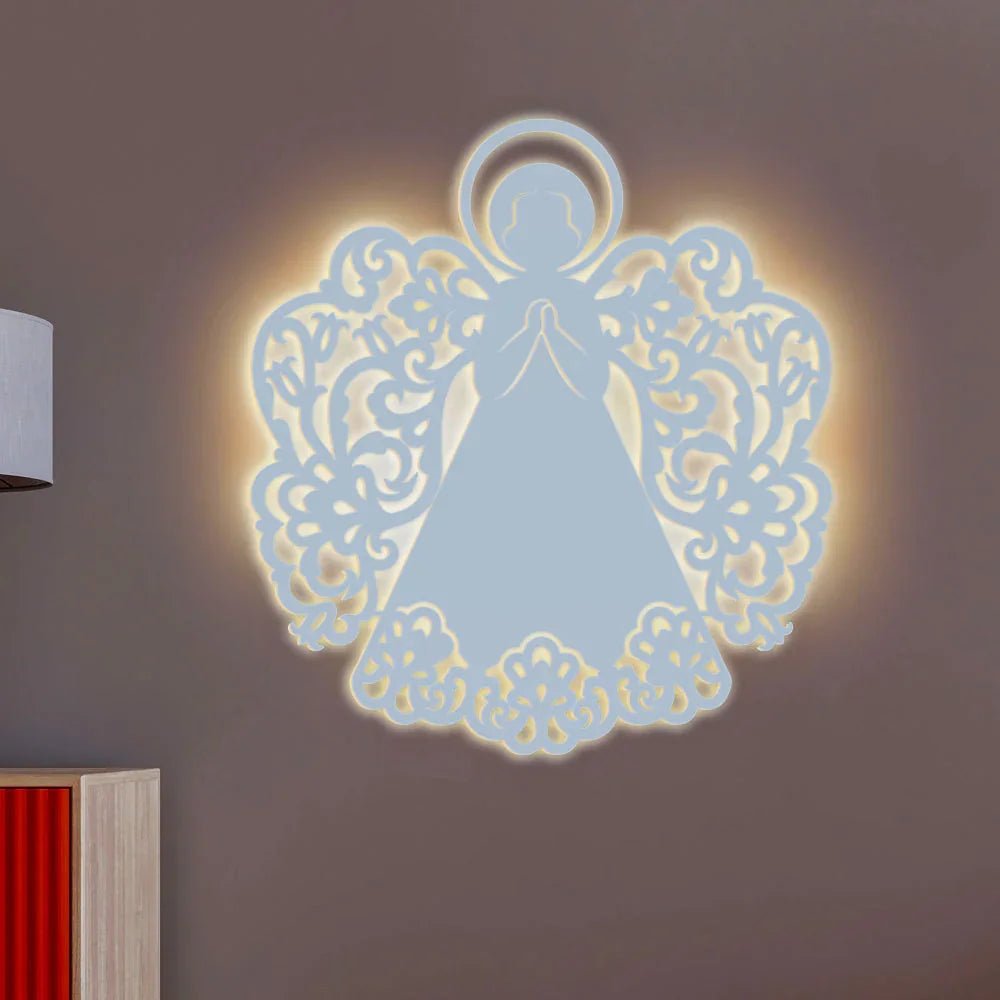 Fairy Angel Backlit Wooden Wall Hanging with LED Night Light Walnut Finish - All India Decor