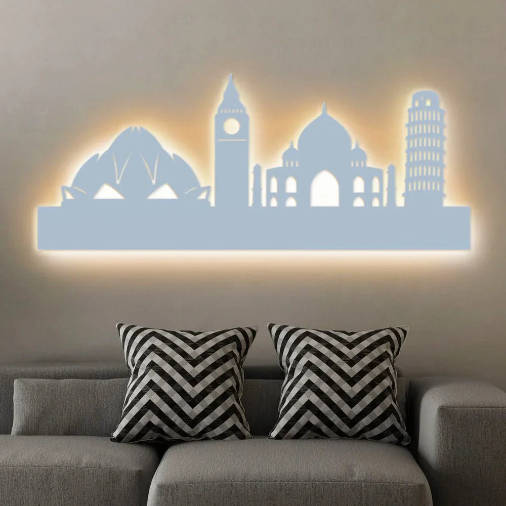 Famous Architectures Backlit Design Wooden Wall Hanging with LED Night Light Walnut Finish - All India Decor