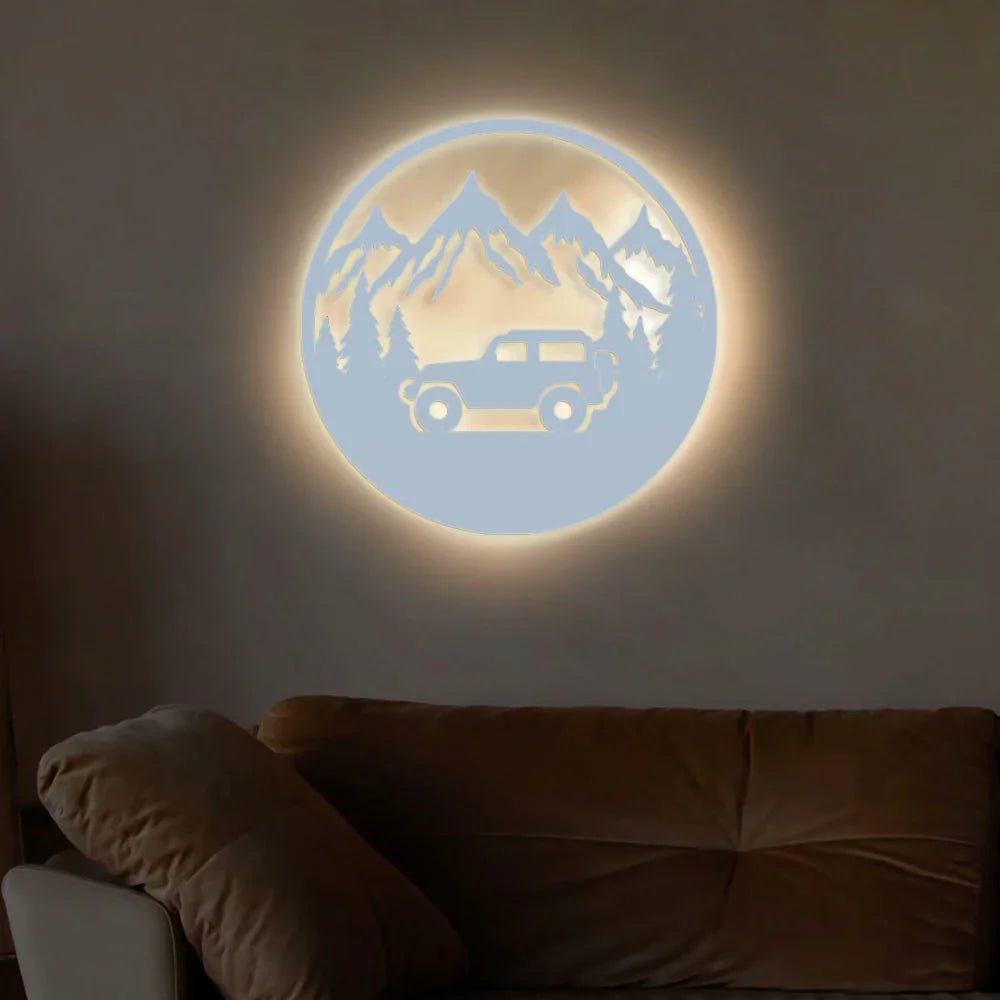 Mountain Forest Road Jeep Art Backlit Wooden Wall Hanging with LED Night Light Walnut Finish - All India Decor