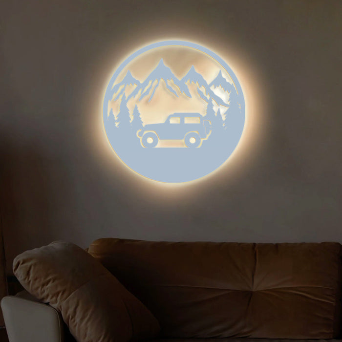 Mountain Forest Road Jeep Art Backlit Wooden Wall Hanging with LED Night Light Walnut Finish