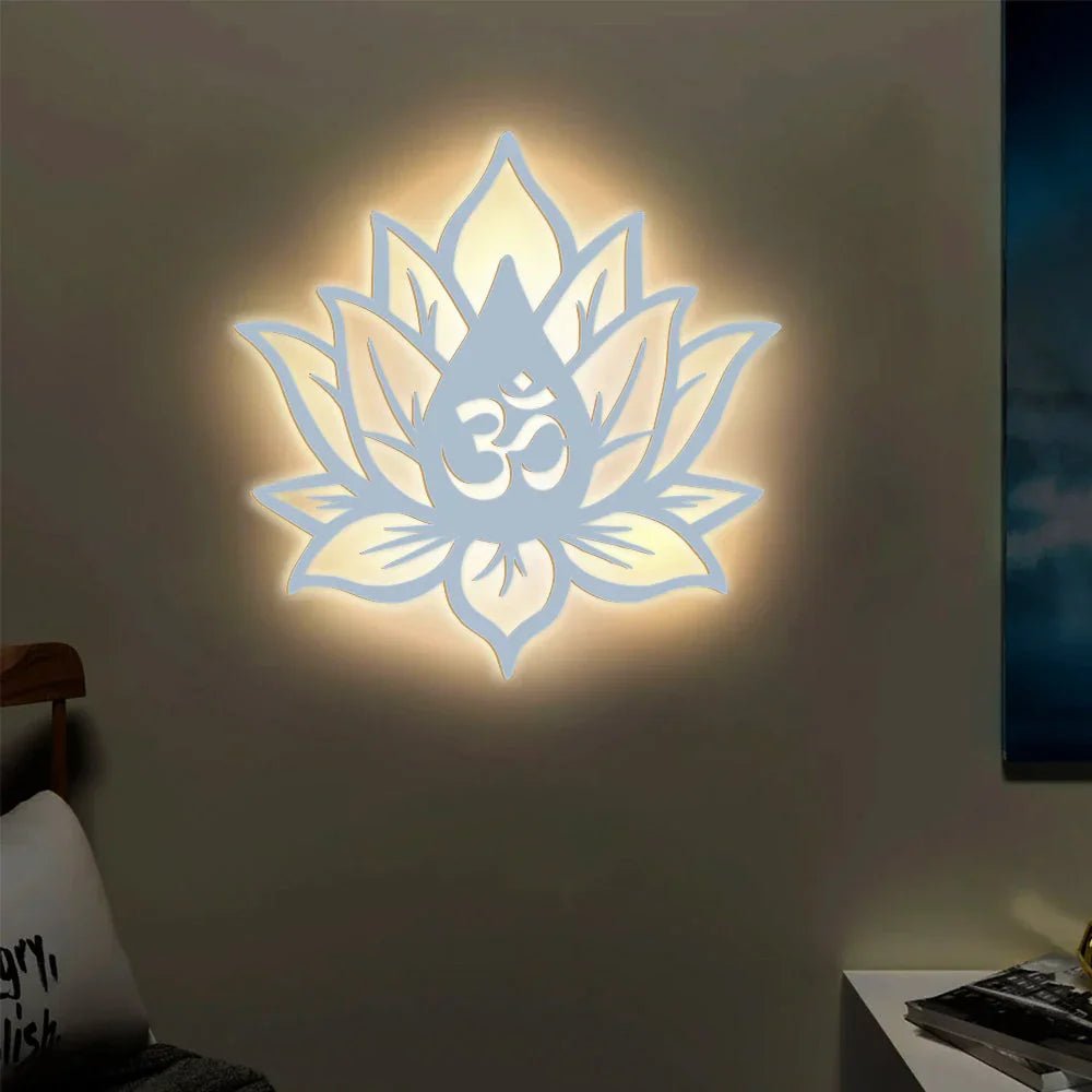 Hindu OM inside Lotus Flower Backlit Wooden Wall Decor with LED Night Light Walnut Finish - All India Decor