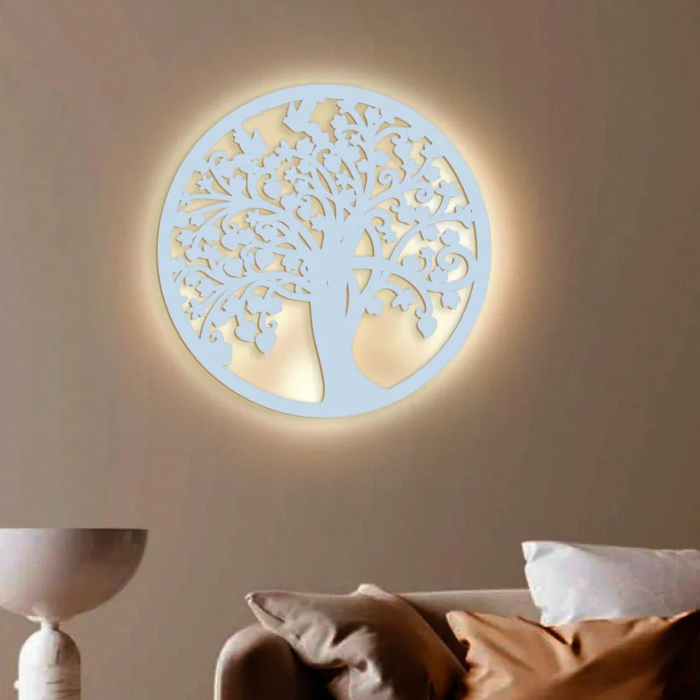 Beautiful Tree of life Round Backlit Wooden Wall Hanging with LED Night Light Walnut Finish - All India Decor