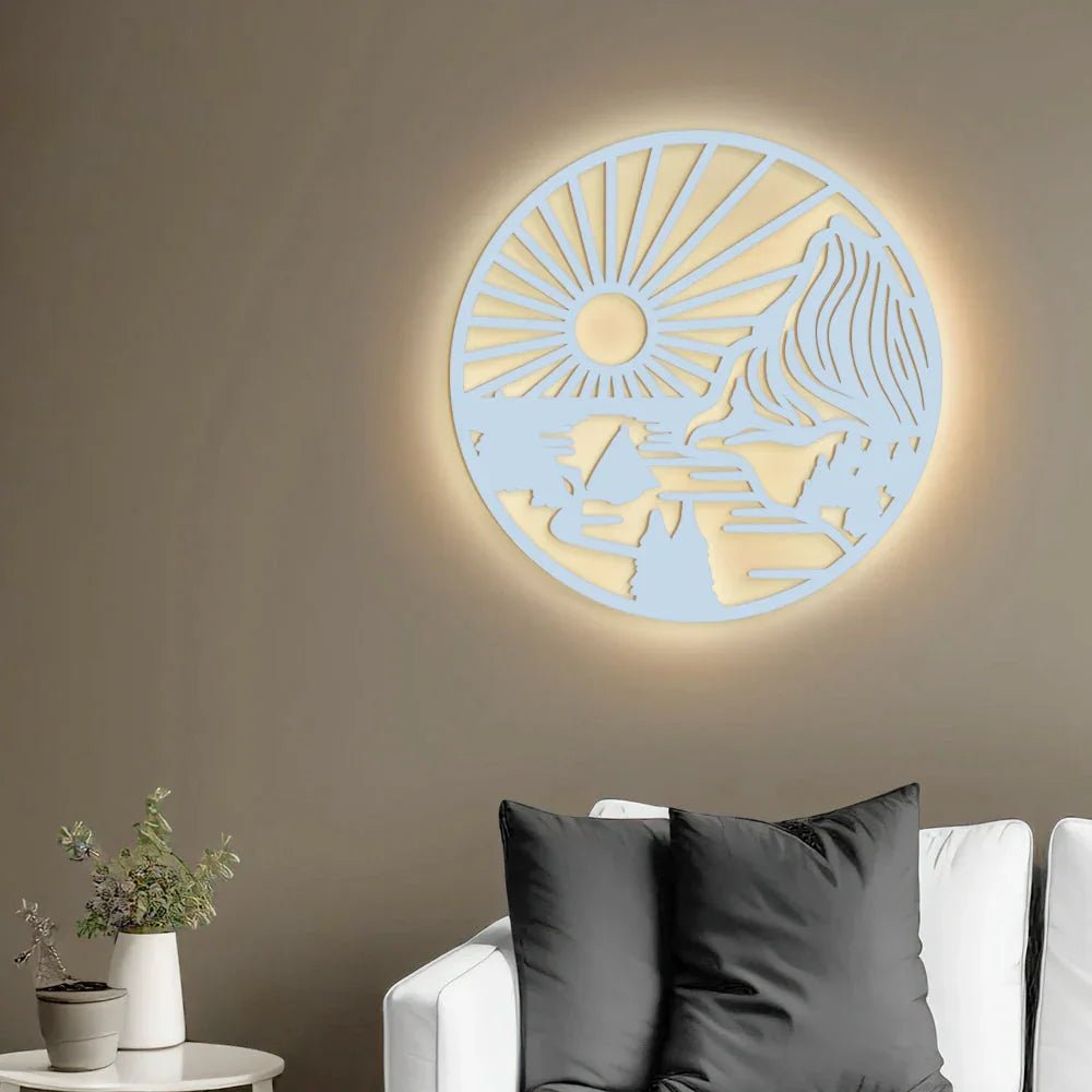 Beautiful Mountain and Rising Sun Scenery Backlit Wooden Wall Decor with LED Night Light Walnut Finish - All India Decor