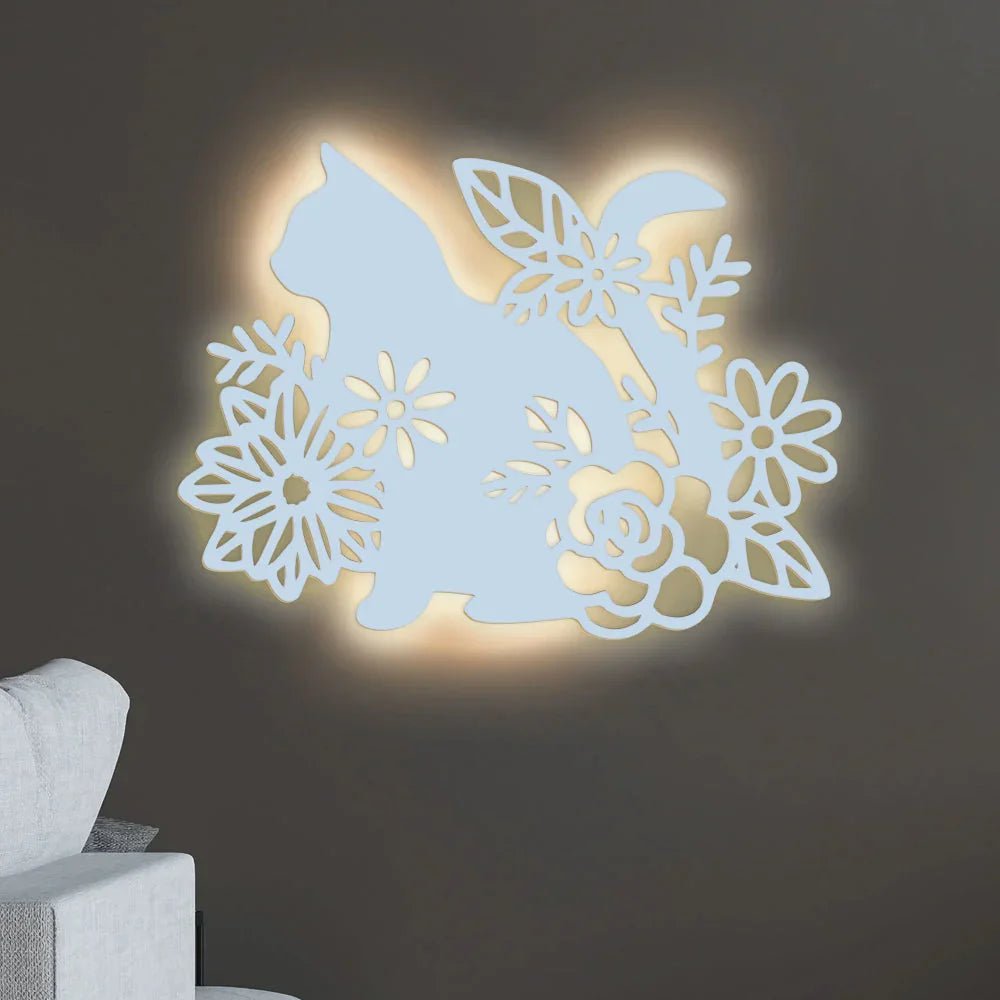 Cat with Flower Backlit Wooden Wall Decor with LED Night Light Walnut Finish - All India Decor