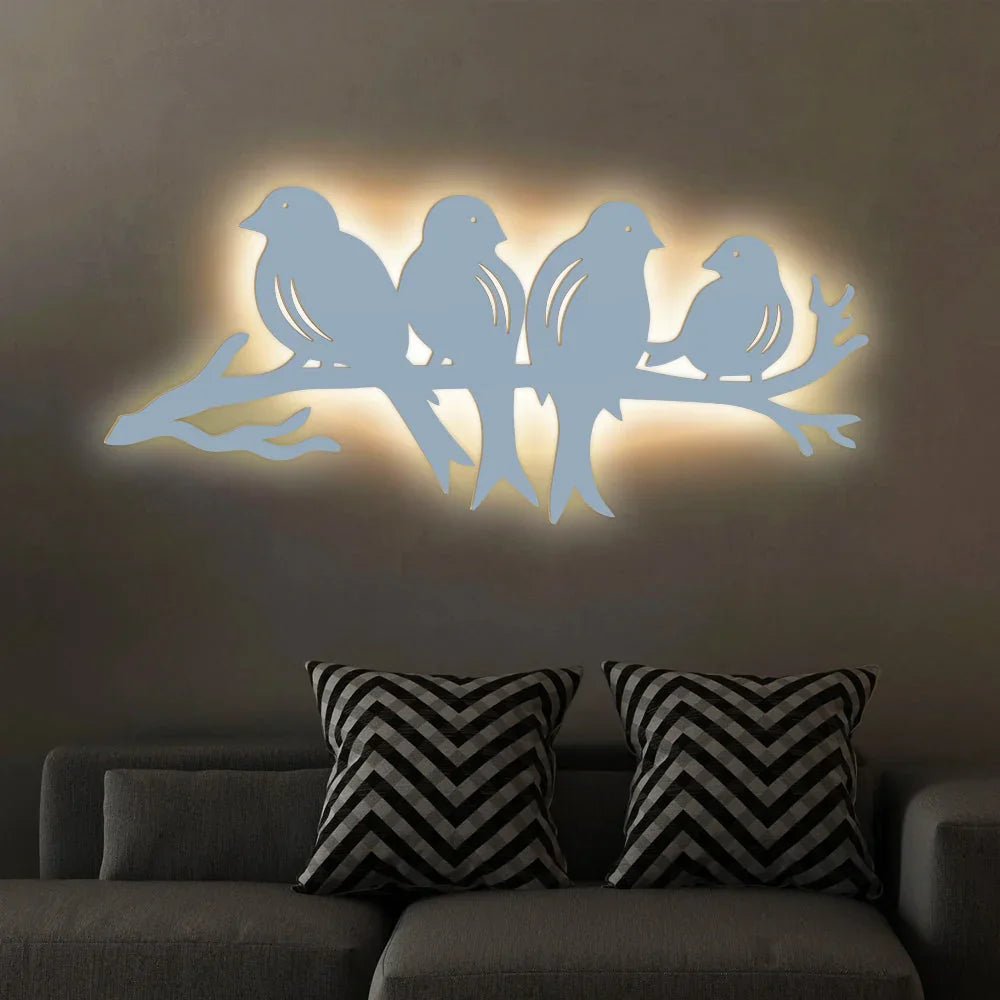 Birds Sitting on Branch Backlit Wooden Wall Decor with LED Night Light Walnut Finish - All India Decor
