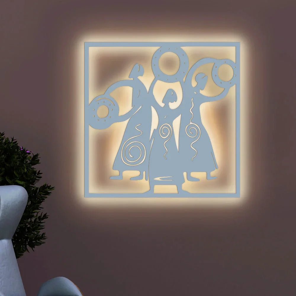 African Women Folk Dance Backlit Wooden Wall Decor with LED Night Light Walnut Finish - All India Decor