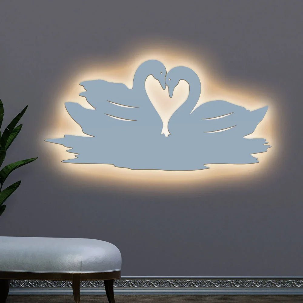 Loving Pair of Swan Backlit Wooden Wall Decor with LED Night Light Walnut Finish - All India Decor