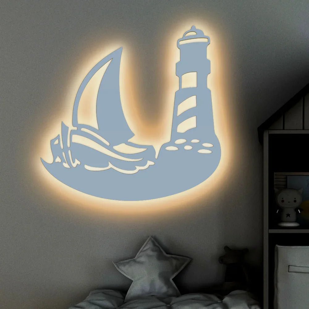 Sailboat Lighthouse Backlit Wooden Wall Decor with LED Night Light Walnut Finish - All India Decor