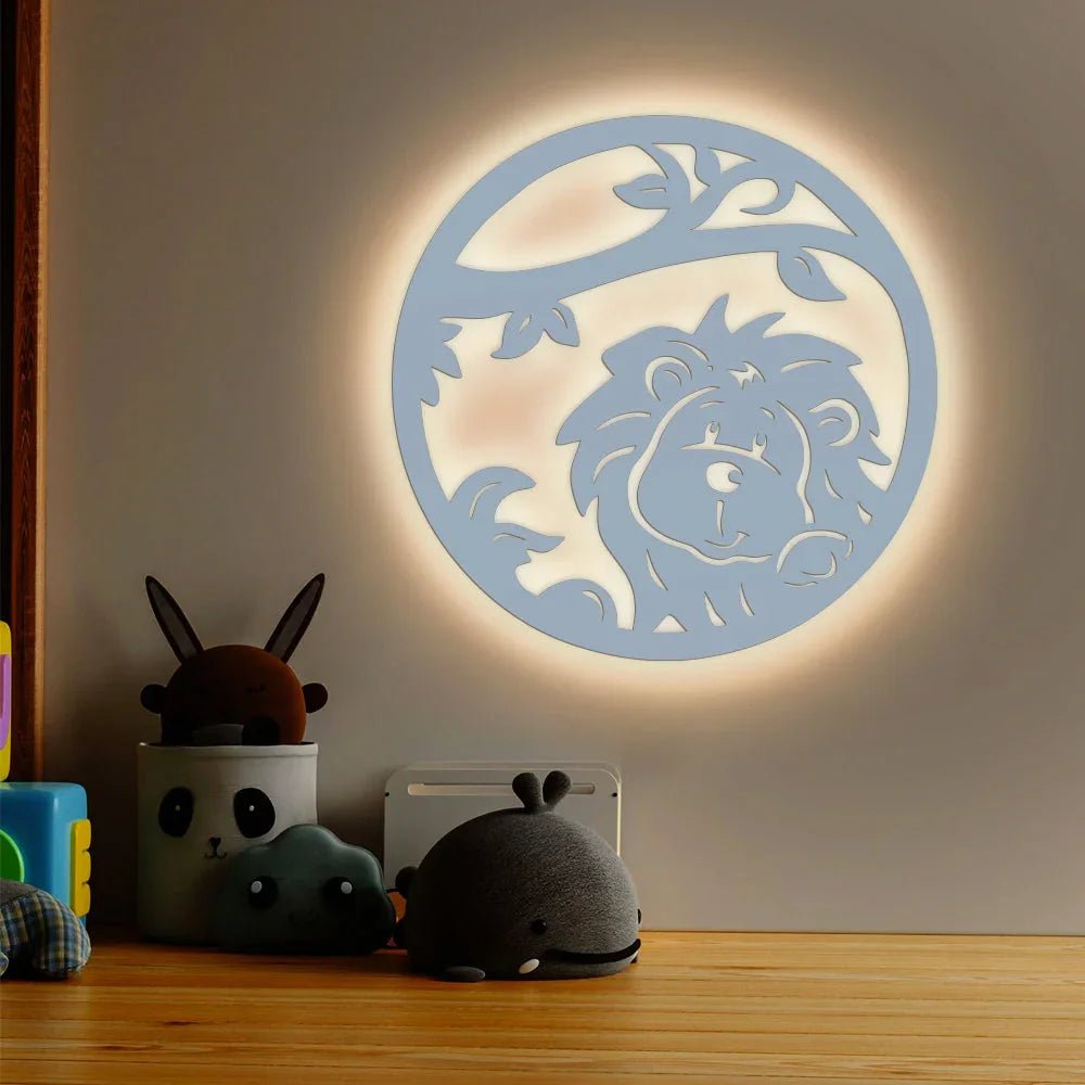 Little Lion Art Backlit Wooden Wall Decor with LED Night Light Walnut Finish - All India Decor
