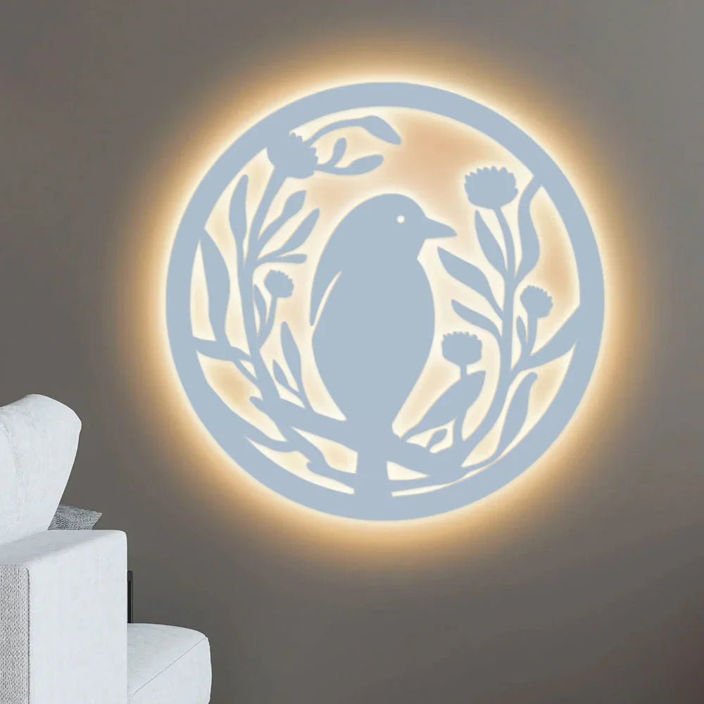 Beautiful Bird with Flower Round Backlit Wooden Wall Hanging with LED Night Light Walnut Finish - All India Decor