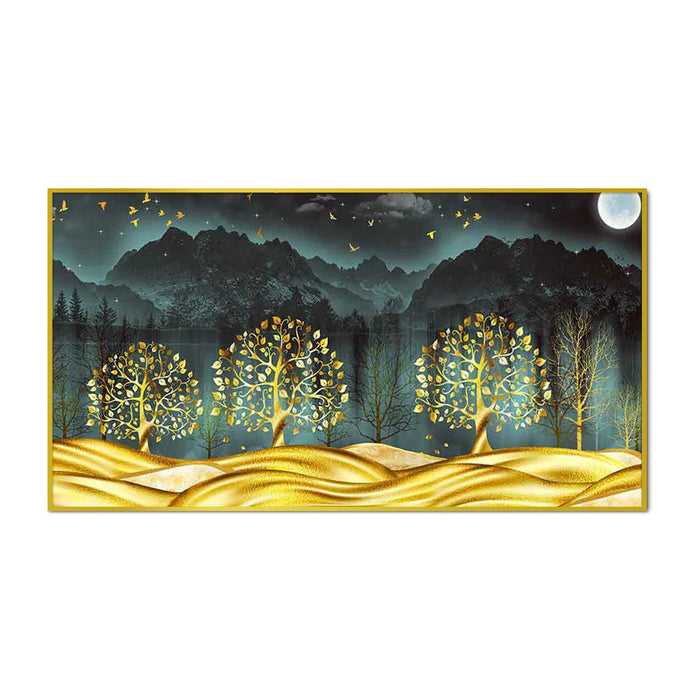 Wall Painting of Golden Trees in Dark Forest