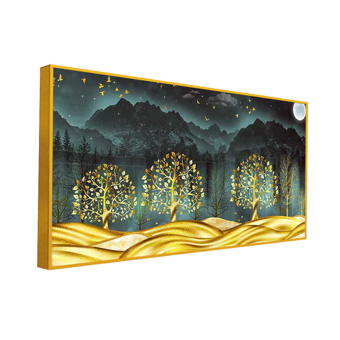 Wall Painting of Golden Trees in Dark Forest