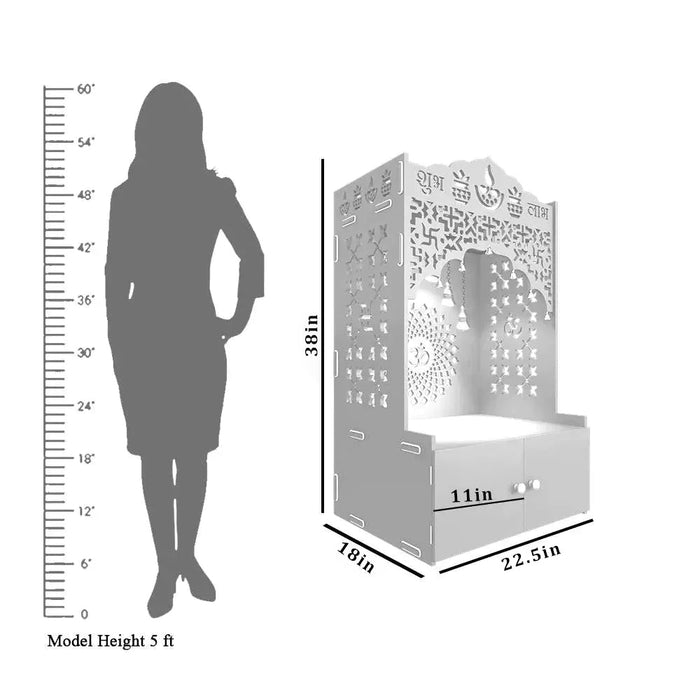 Divine Wooden Floor Temple with Spacious Shelf & Inbuilt Focus Light- White