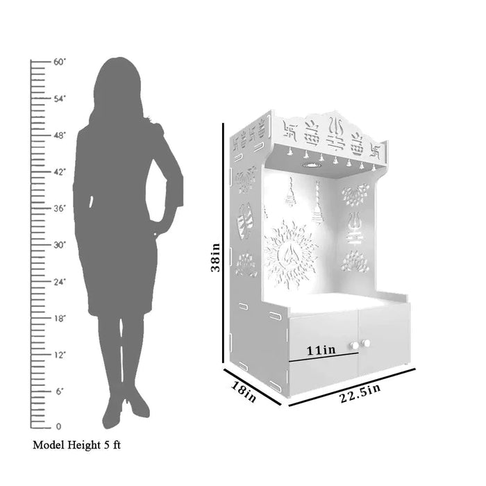 Surya Chakra MDF Wood Temple with Spacious Shelf & Inbuilt Focus Light- White