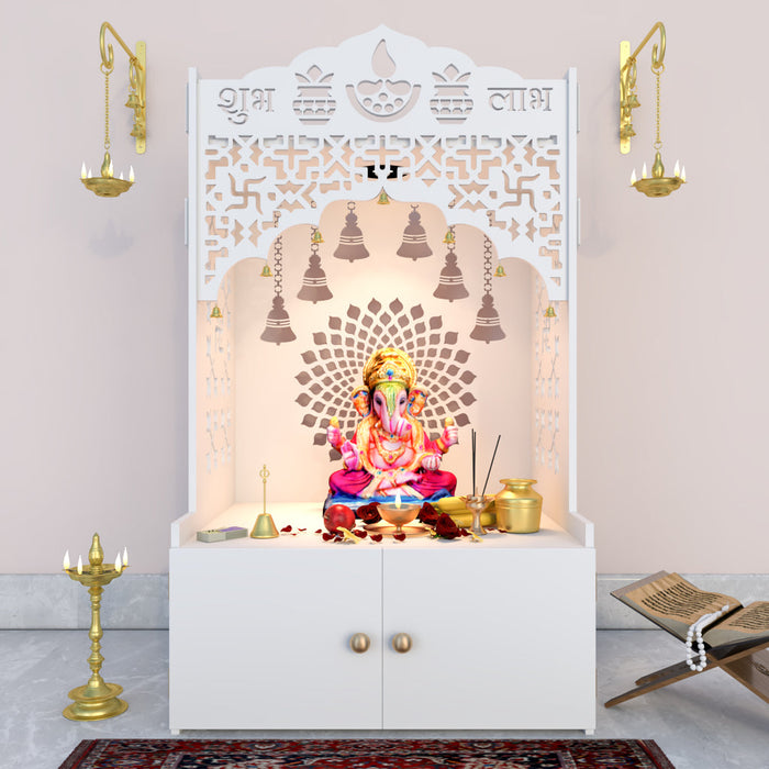 Divine Wooden Floor Temple with Spacious Shelf & Inbuilt Focus Light- White