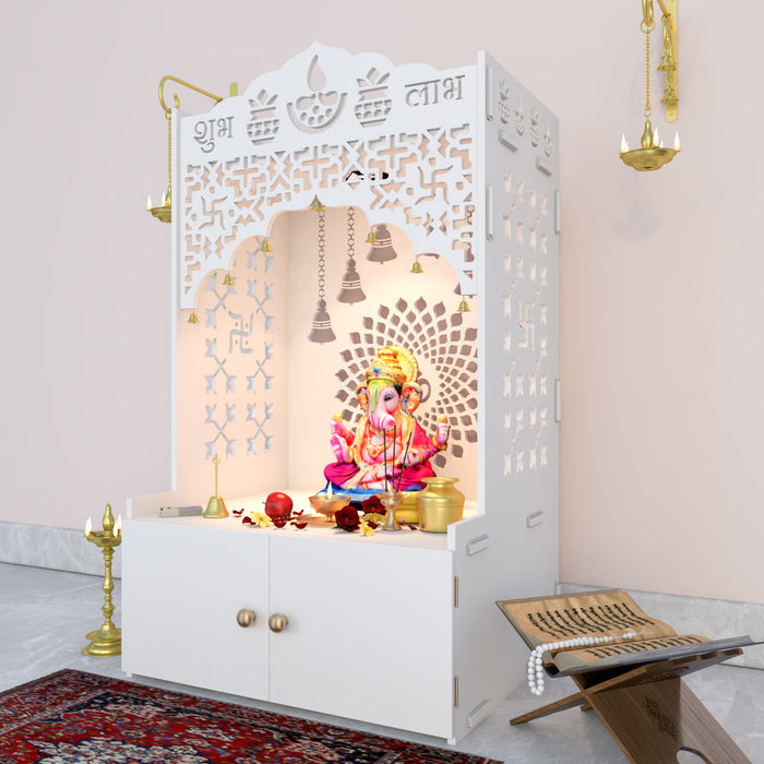 Divine Wooden Floor Temple with Spacious Shelf & Inbuilt Focus Light- White