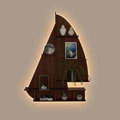 Ship Backlit Wood Wall Shelf / Book Shelf / Night Light, Walnut Finish - All India Decor