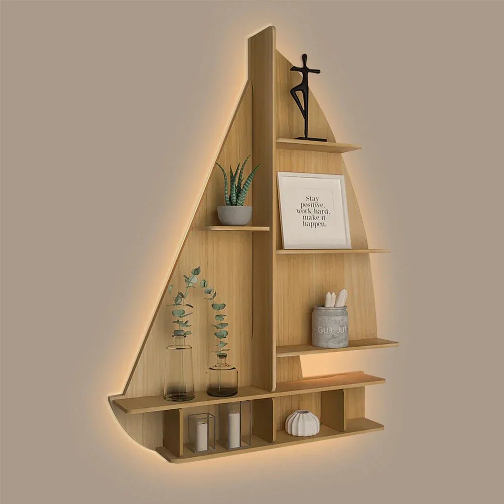 Ship Backlit Wood Wall Shelf / Book Shelf / Night Light, Oak Finish - All India Decor