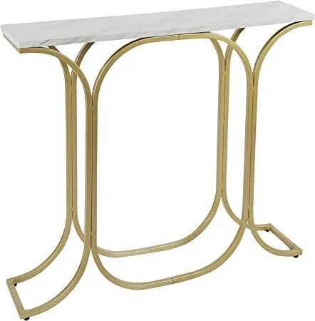 Console table with marble top and gold metal frame on a white background