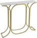 Console table with marble top and gold metal frame on a white background