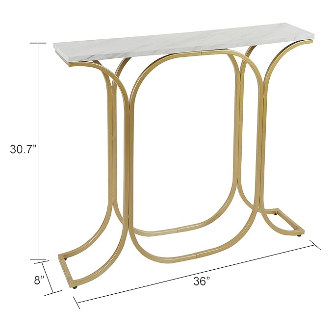 Console table with gold metal frame and white marble top, shown with dimensions.