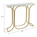 Console table with gold metal frame and white marble top, shown with dimensions.