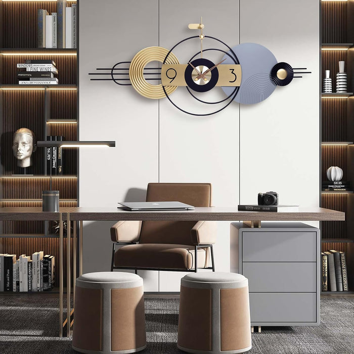 Modern office interior with a desk, chairs, and decorative wall clock.