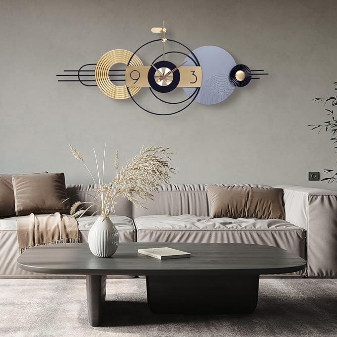 Modern living room with a decorative wall clock above a sofa and coffee table.