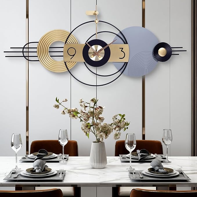 Modern wall clock with geometric design in a dining room setting
