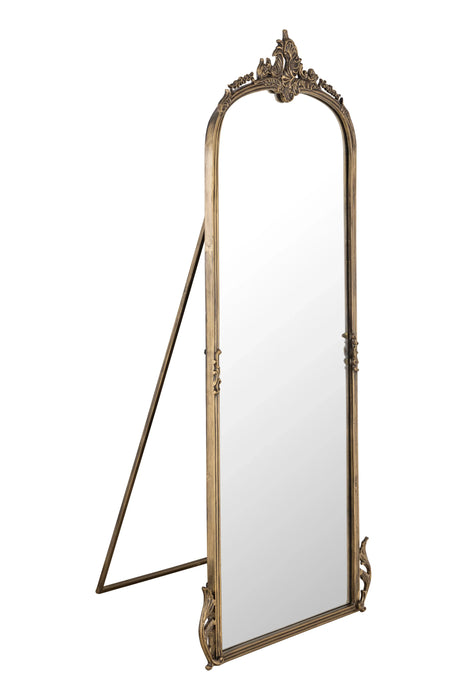 Decorative floor mirror with ornate gold frame on a white background