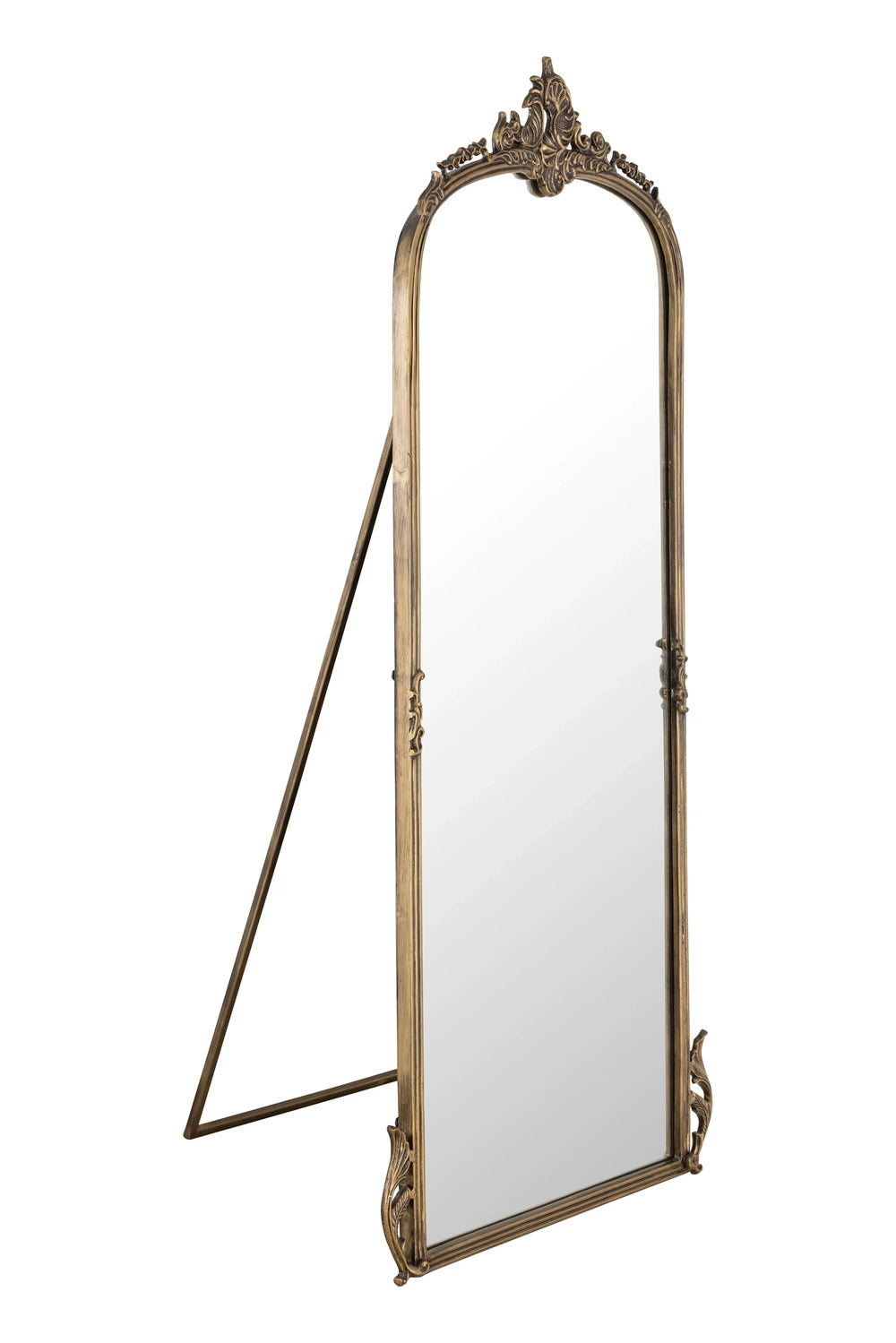 Decorative standing mirror with ornate gold frame on a white background