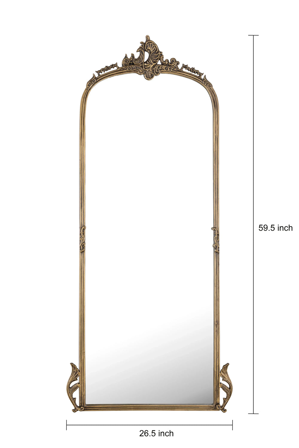 Decorative wall mirror with intricate gold frame and measurements on a white background