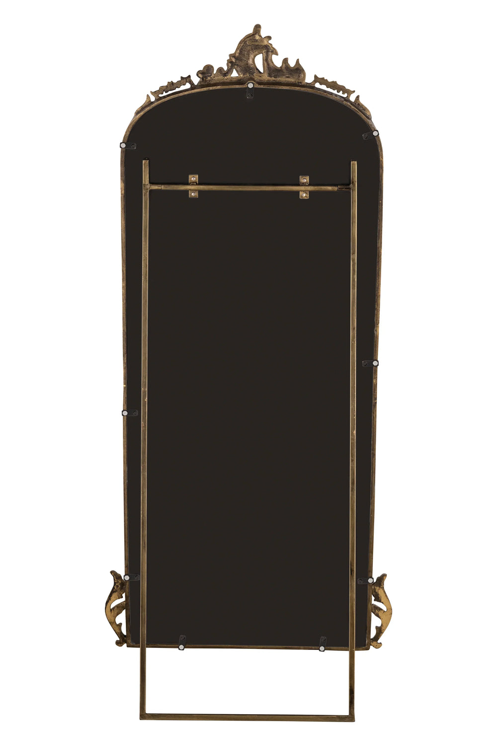 Decorative mirror with gold frame and intricate design on a white background