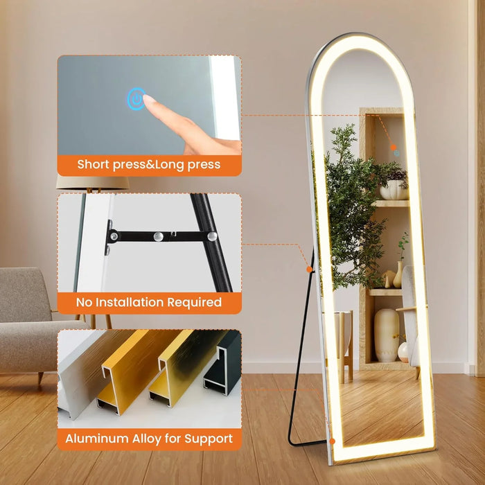 Full-length mirror with LED lighting on a wooden floor, with text about installation and material.