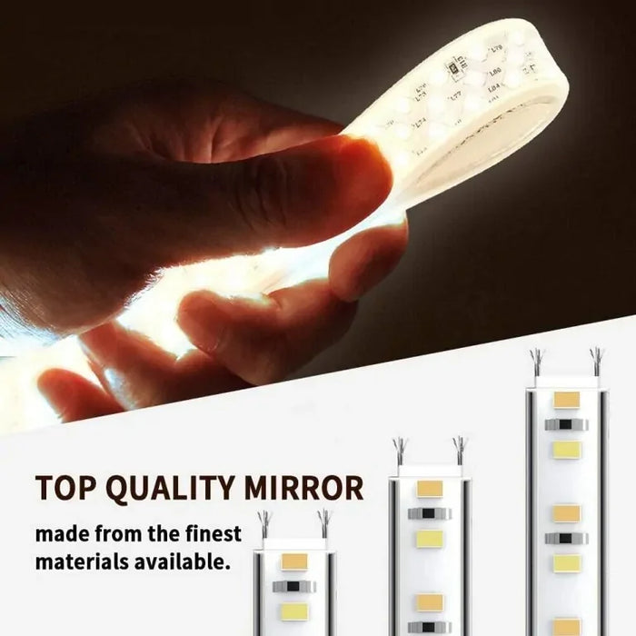 Hand holding a LED strip light with text about top quality mirror material.