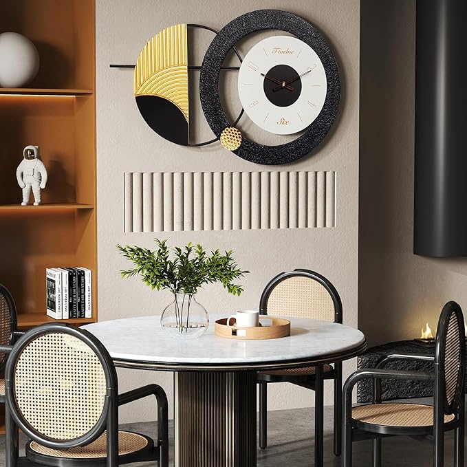 Modern dining room with round table, chairs, and decorative wall clock.